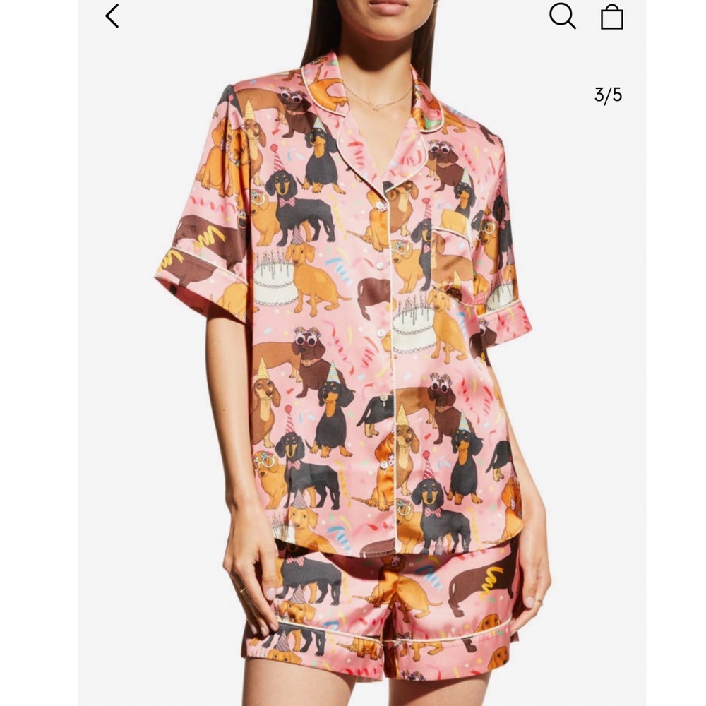 $135 Karen Mabon Hot Dog Birthday Satin Pajama Set Pink Dachshund Dog Print XL - Picture 2 of 12